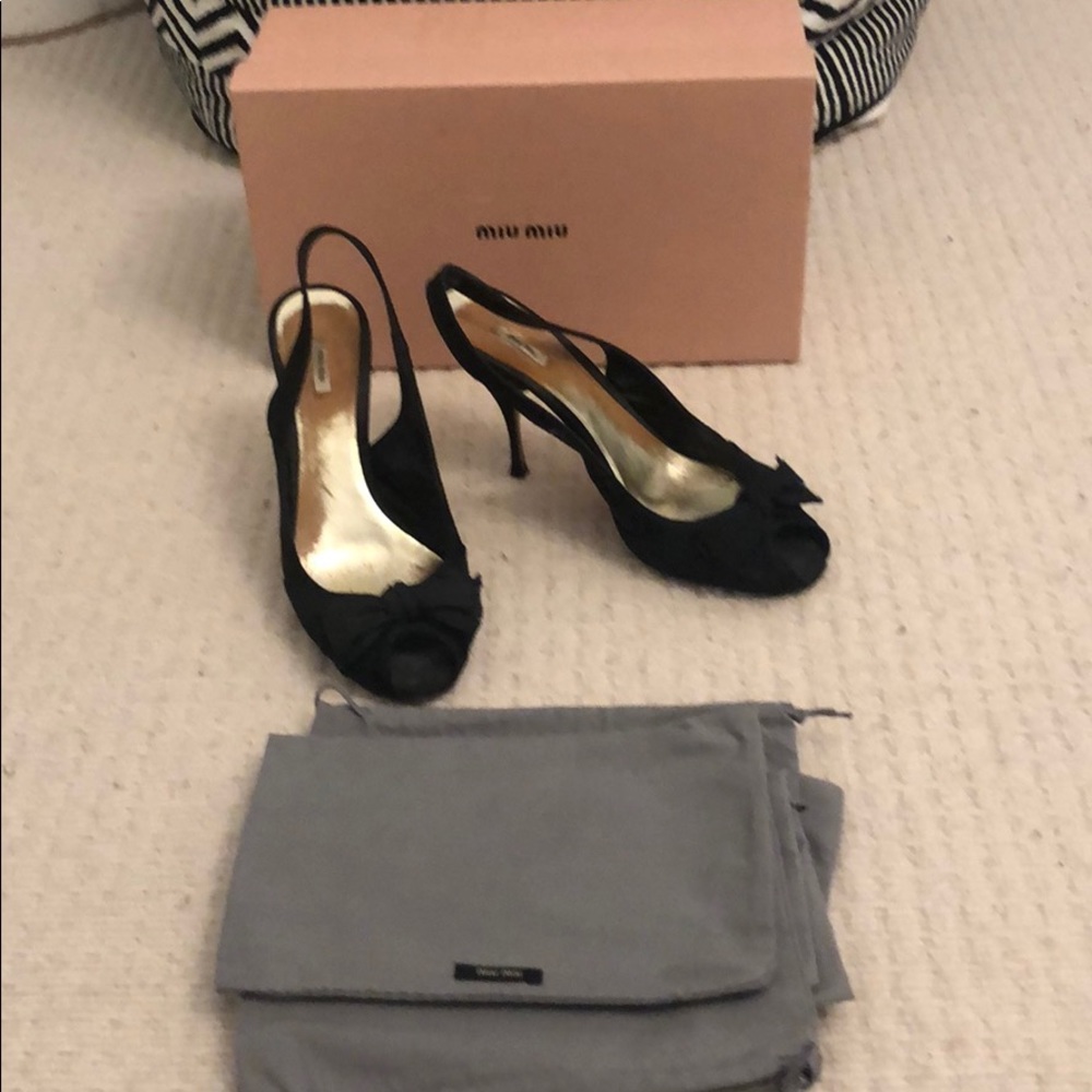 Miu Miu black fabric sling back heels sandals 8.5